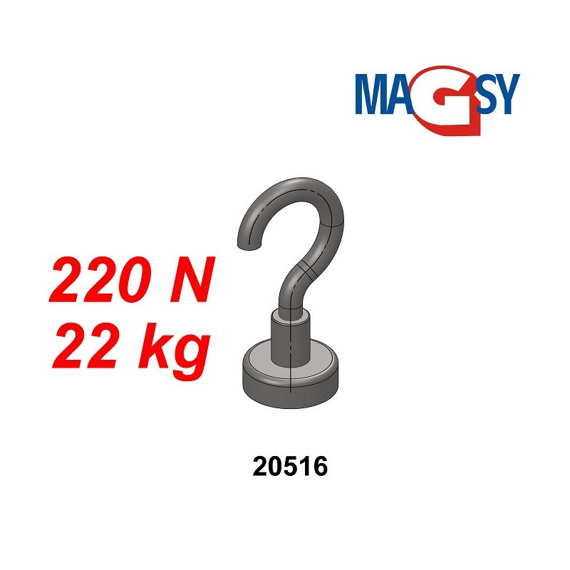 Cârlig magnetic argintiu, diametru 25 mm, NdFeB, forță de rupere 22 kg
