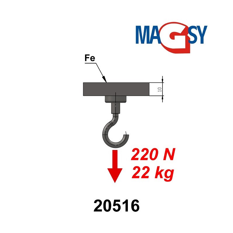 Cârlig magnetic argintiu, diametru 25 mm, NdFeB, forță de rupere 22 kg
