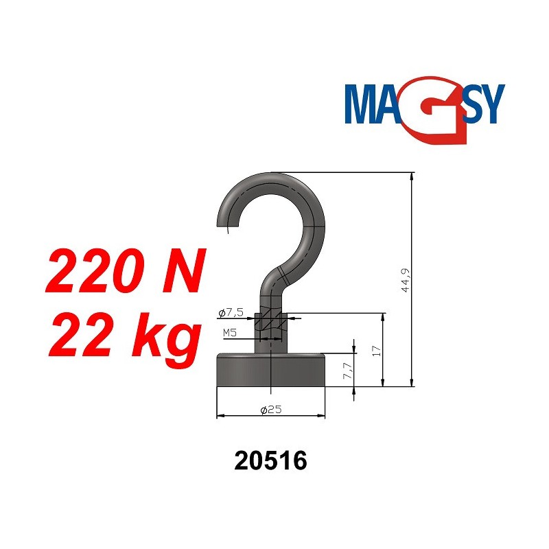 Cârlig magnetic argintiu, diametru 25 mm, NdFeB, forță de rupere 22 kg