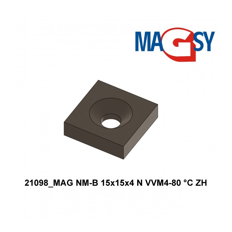 Magnet neodim bloc cu orificiu pentru şurub cu cap înecat 15 x 15 x 4 N 80 °C, VMM4-N35