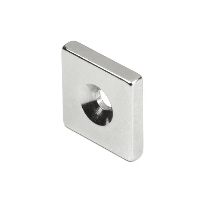 Magnet neodim bloc cu orificiu pentru şurub cu cap înecat 20 x 20 x 4 N 80 °C, VMM4-N35