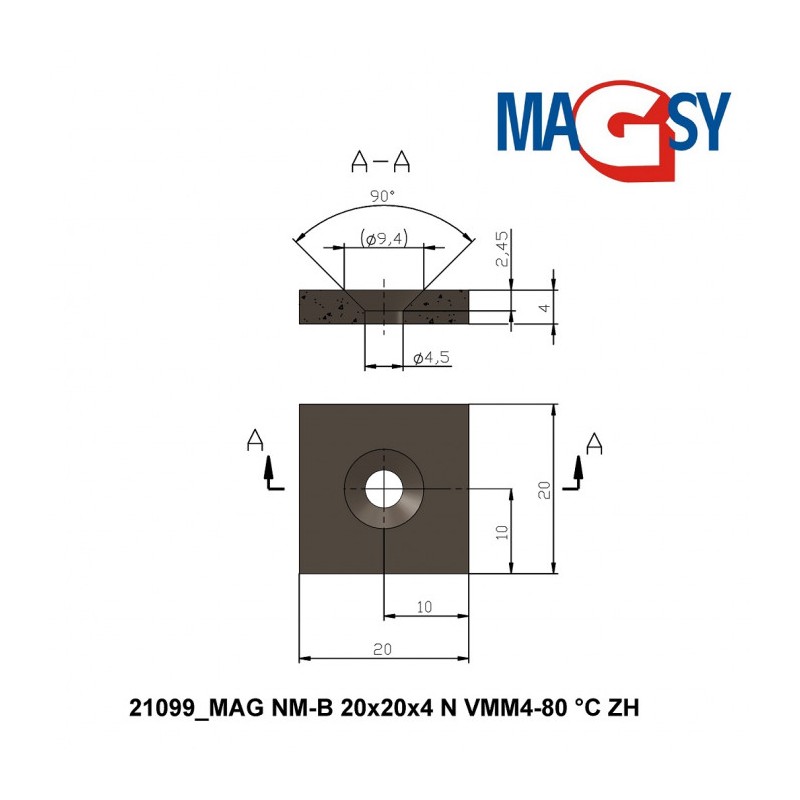 Magnet neodim bloc cu orificiu pentru şurub cu cap înecat 20 x 20 x 4 N 80 °C, VMM4-N35