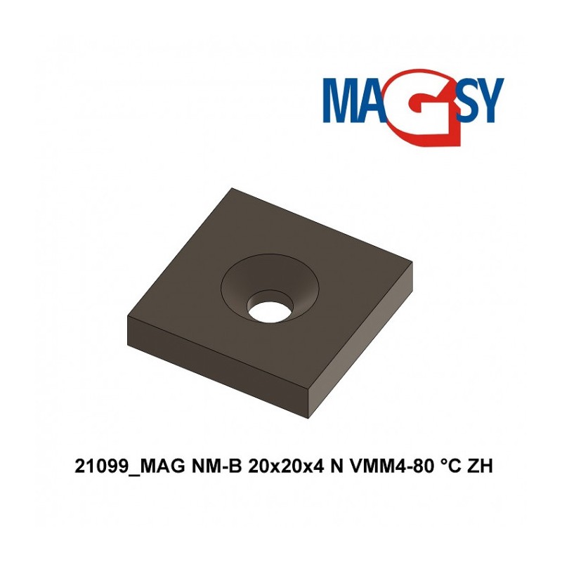 Magnet neodim bloc cu orificiu pentru şurub cu cap înecat 20 x 20 x 4 N 80 °C, VMM4-N35