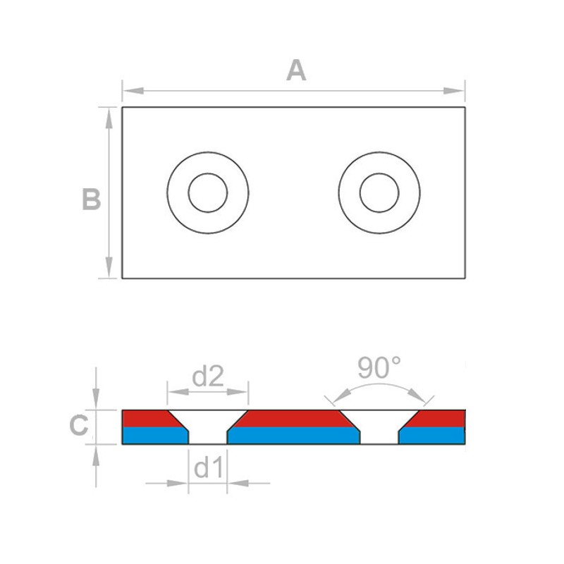 Magnet neodim bloc cu orificiu pentru şurub cu cap înecat 40 x 20 x 4 N 80 °C, VMM4-N35