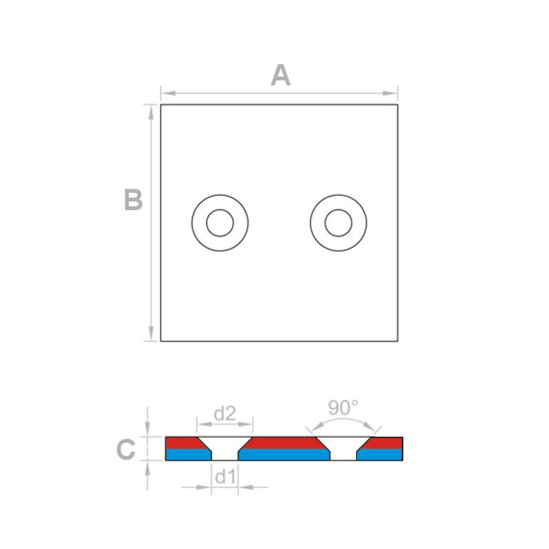 Magnet neodim bloc cu orificiu pentru şurub cu cap înecat 40 x 40 x 4 N 80 °C, VMM4-N35