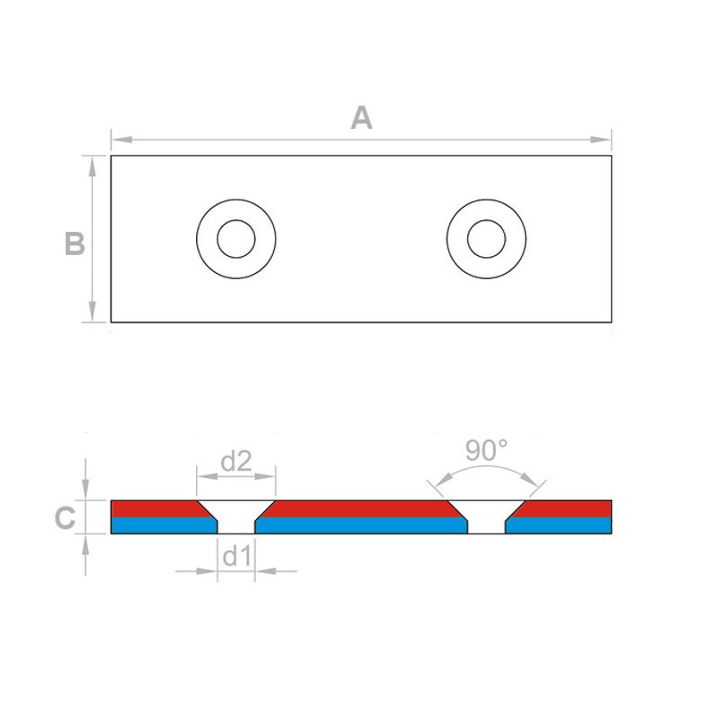 Magnet neodim bloc cu orificiu pentru şurub cu cap înecat 60 x 20 x 4 N 80 °C, VMM4-N35