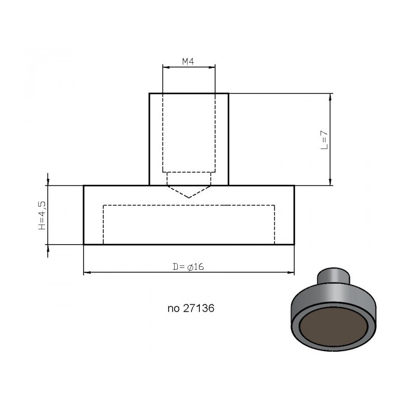 Magnet oală cu coadă, diam. 16 x înălțime 4,5 mm cu filet interior M4, înălțime filet 7 mm, magnet SmCo