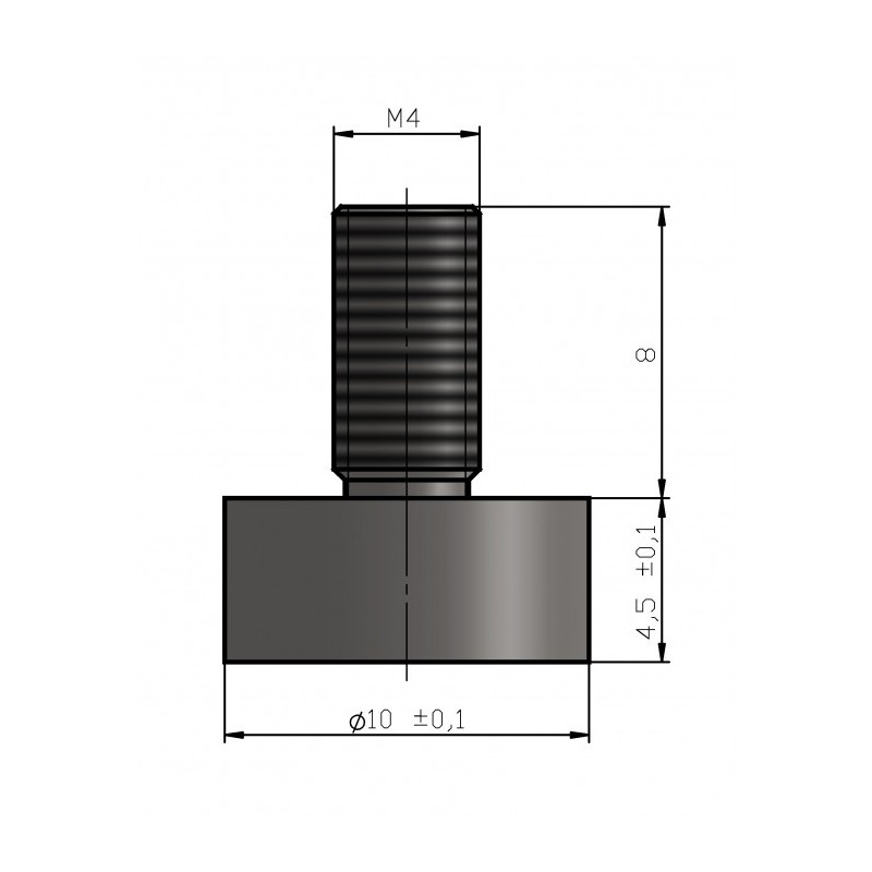 Oală magnetică diam. 10 x înăltime 4,5 mm, coadă cu filet exterior M4 x 8 mm