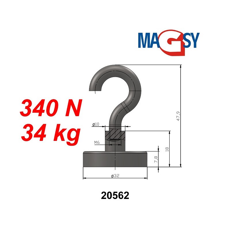 Cârlig magnetic argintiu, diametru 32 mm, NdFeB, forță de rupere 34 kg