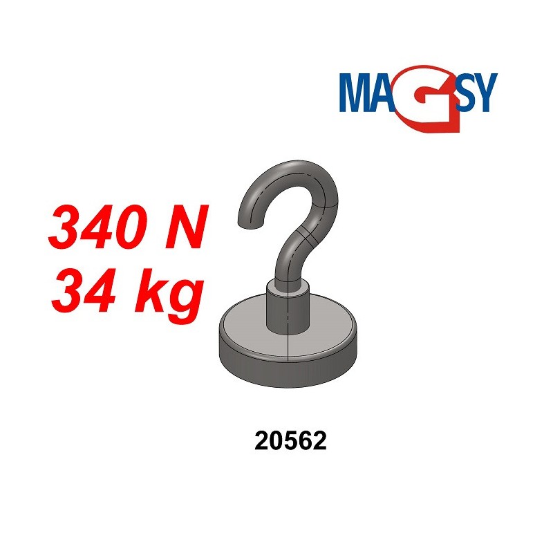 Cârlig magnetic argintiu, diametru 32 mm, NdFeB, forță de rupere 34 kg