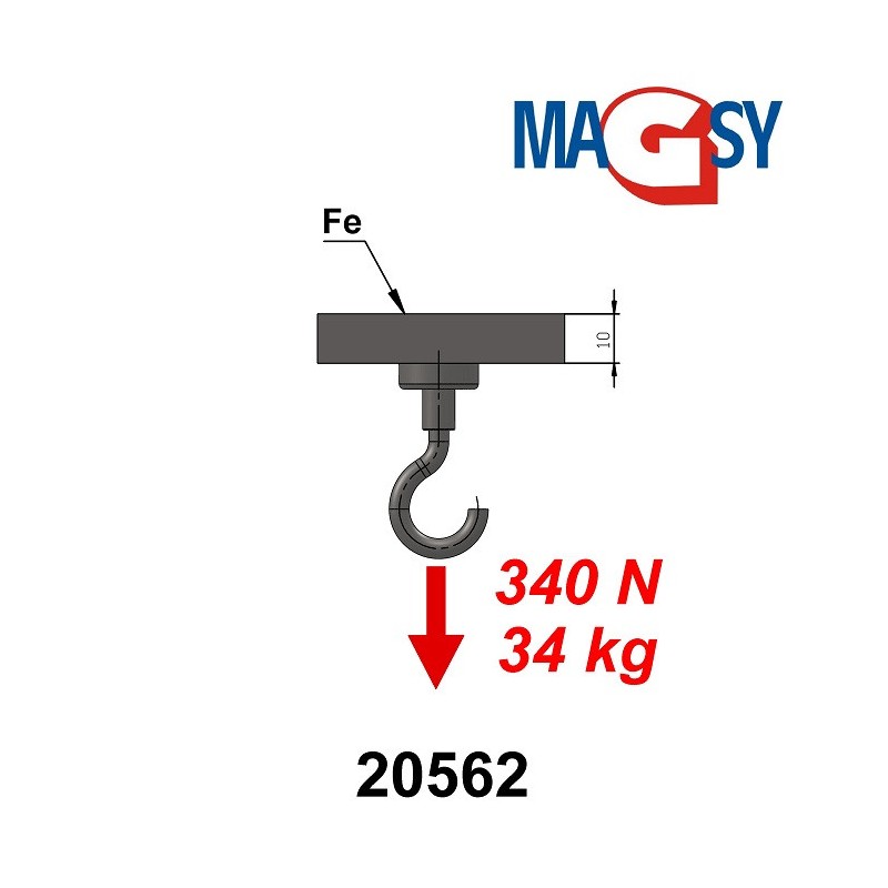 Cârlig magnetic argintiu, diametru 32 mm, NdFeB, forță de rupere 34 kg