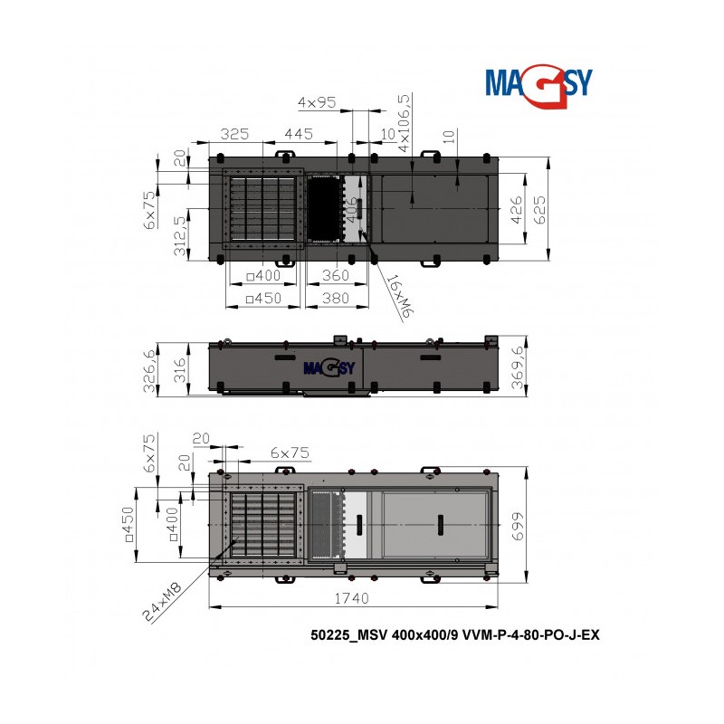 Separator magnetic unilateral MSV 400x400/9 VVM-P-4-80-PO-J-EX